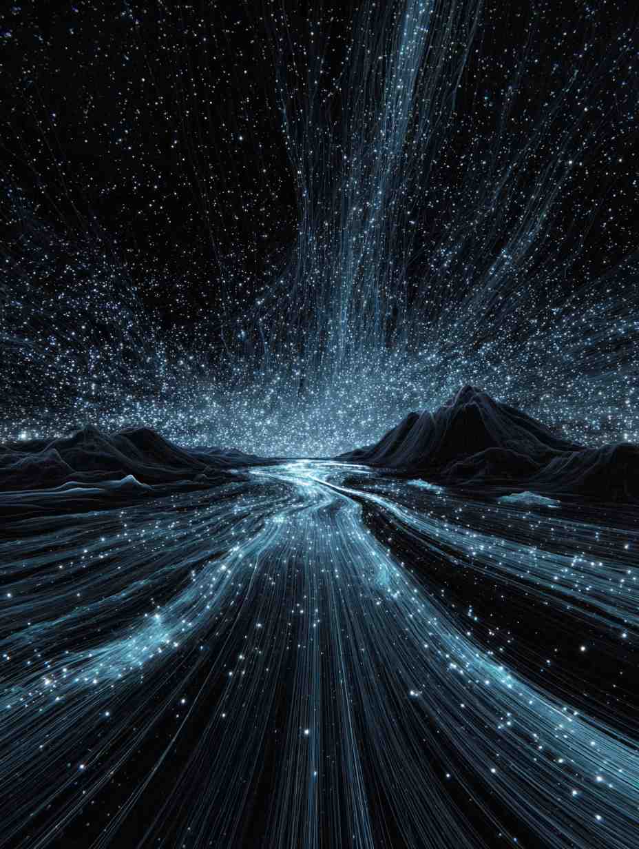 Illustration from chapter one: rivers of light flowing across a dark landscape
