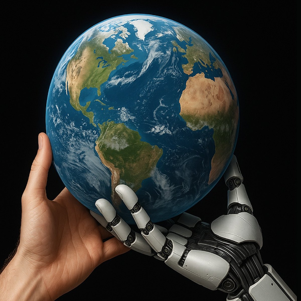 Detail of the cover: a human hand and a robotic hand holding the Earth together