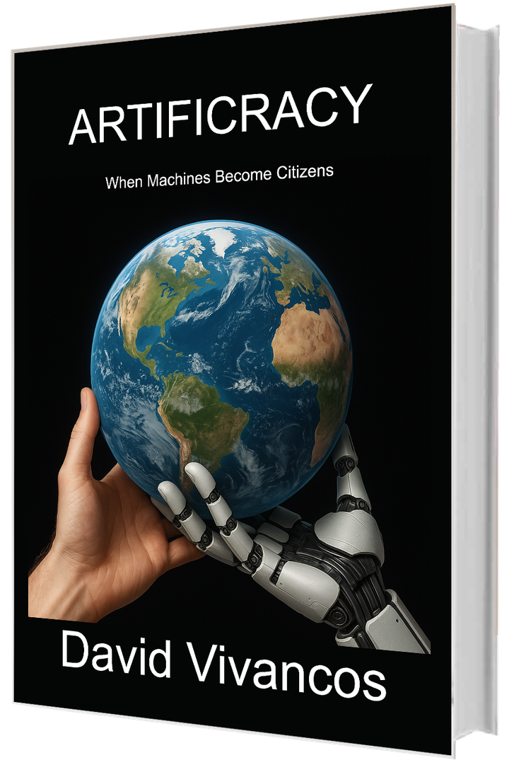 Artificracy book cover: a human hand and a robotic hand holding the Earth